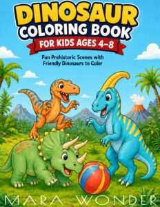 A triceratops, a T. rex and a parasaurolophus playing with a ball, waiting to be colored in