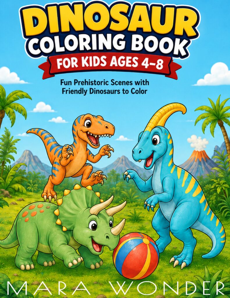 A triceratops, a T. rex and a parasaurolophus playing with a ball, waiting to be colored in
