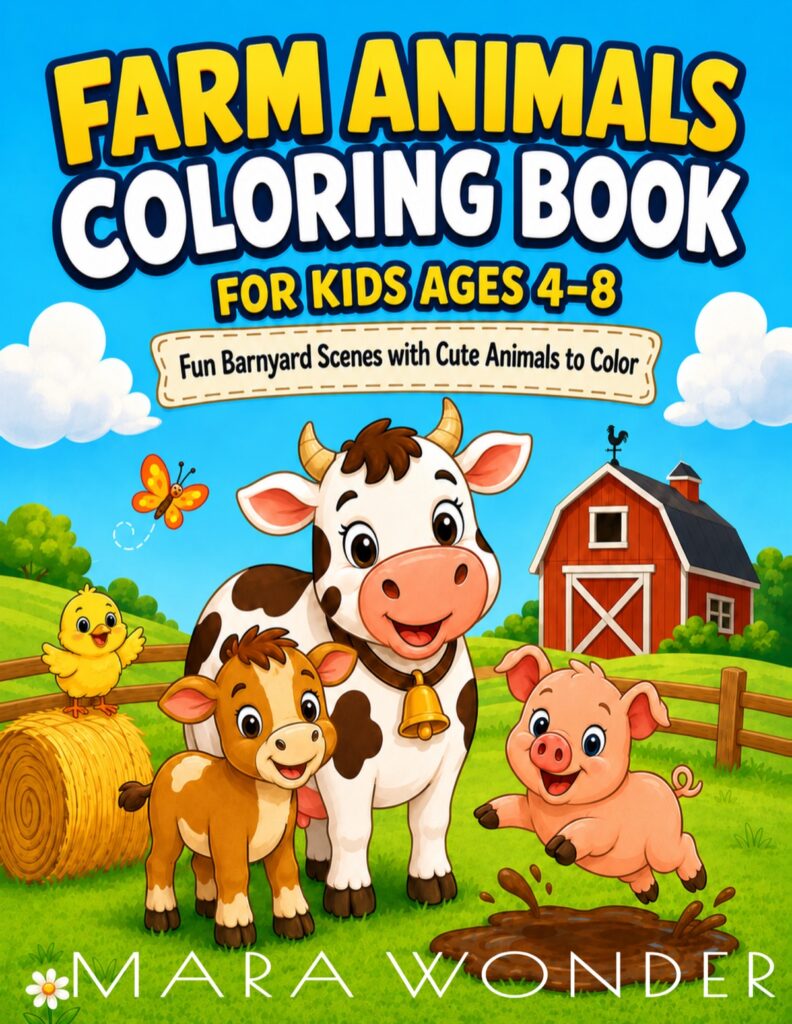 A cow, a calf, a piglet and a chick in a barnyard, waiting to be colored in