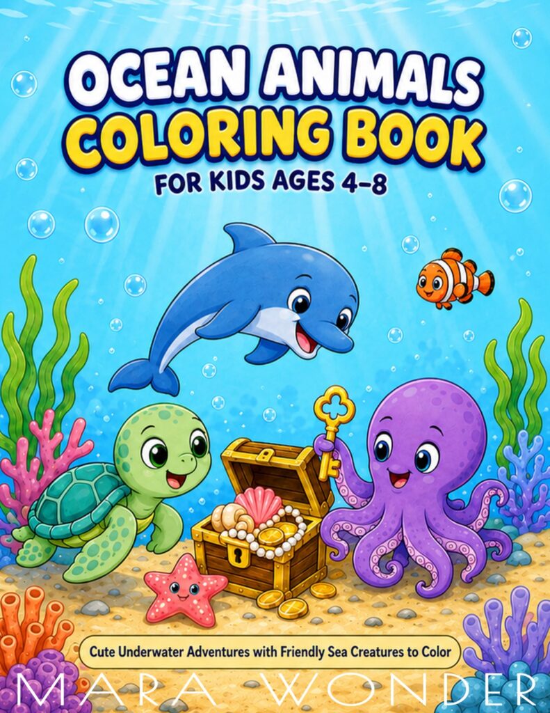 A dolphin, a turtle, a starfish and an octopus around a treasure chest, waiting to be colored in
