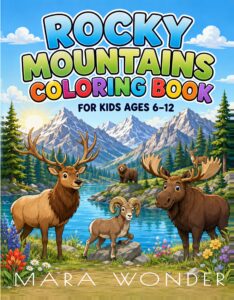 Rocky Mountains coloring book cover: an elk, a bighorn sheep and a moose beside a mountain lake, with a bear and a deer on the slopes behind them