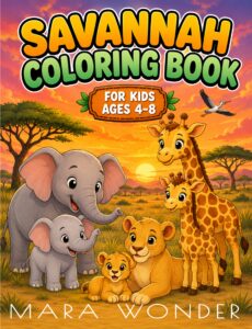 Savannah coloring book cover: an elephant and calf, a lioness and cub, and two giraffes in the grass at sunset
